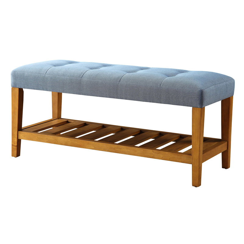 Banc de siège bleu avec tablette en chêne et coussin confortable intemporel