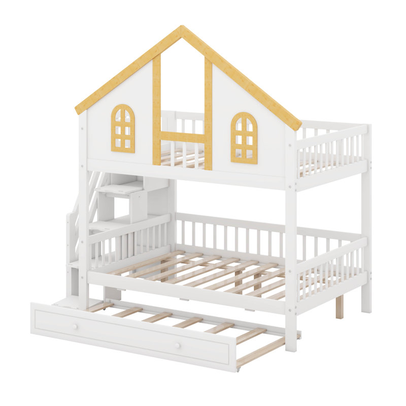 Lit superposé House avec escalier et lit gigogne, structure de lit superposé en bois massif avec rangement, Lit double