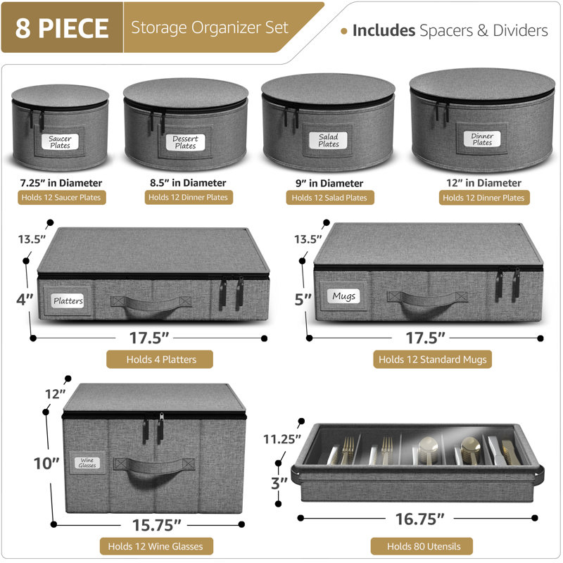 8-Piece Gray Quilted China Storage Set with Zipper Closure