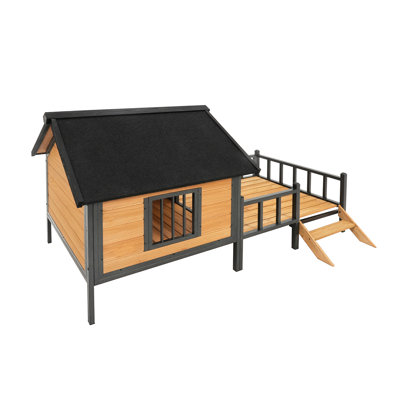 Lodge Style Puppy House With Metal And Wood Bite Frame Porch Strong Dog Shelter Waterproof Roof Comfortable