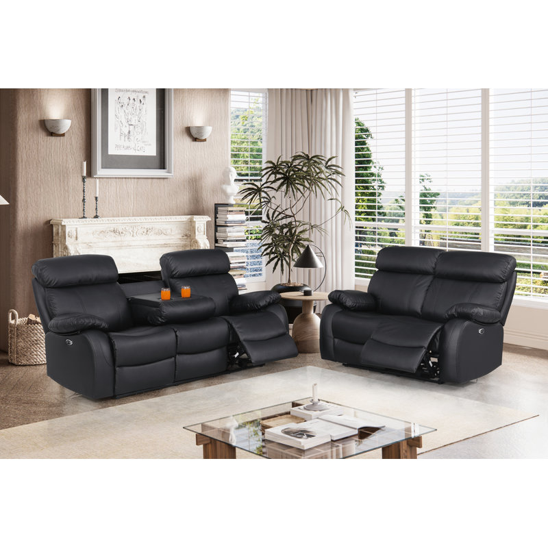 Avrielle Leather Power Reclining Living Room Set Reclining Sofa + Loveseat 2-piece Set, Black