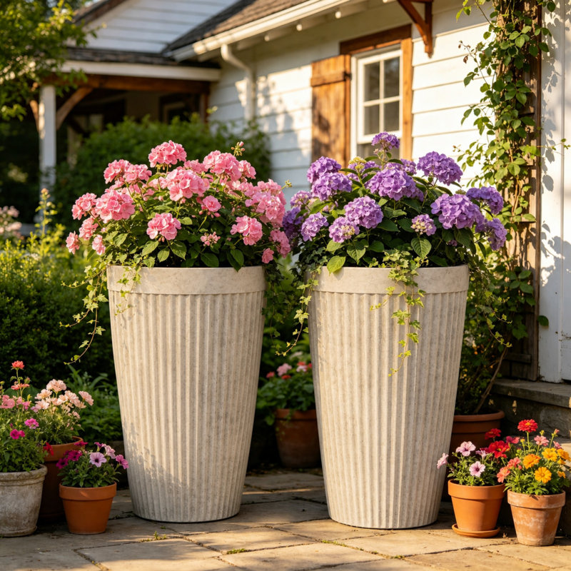 Ensemble de 2 pots à fleurs ronds ivoire avec trou de drainage 19,69 "H, Ivoire ivoire