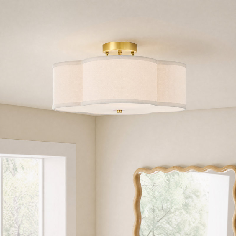 Plafonnier semi-encastré en tissu 4 lumières, Laiton, H 6,9 po x l 15,75 po x P 15,75 po