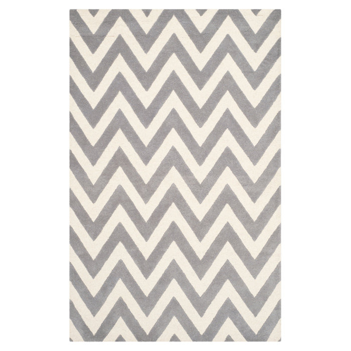 Silver and Ivory Hand-Tufted Wool Zig Zag 8' x 10' Area Rug