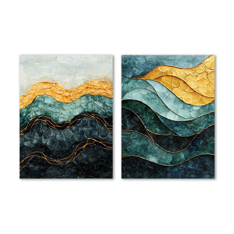 Abstrait doré émeraude brise de mer - plage dorée, ensemble de 2 reproductions d'art mural en métal, 32" H x 48" W
