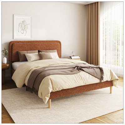 Structure de grand lit, lit plateforme rembourré moelleux avec tête de lit réglable en hauteur, structure robuste et lattes, conception silencieuse, compatible avec les matelas sans ressorts, facile à assembler, brun