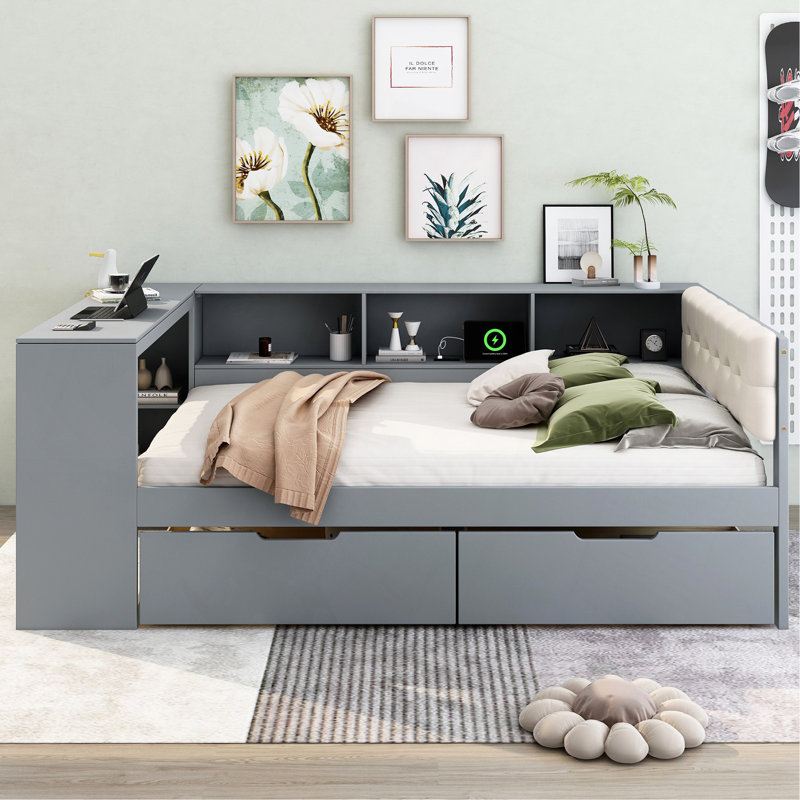 Lit plateforme double en bois avec tablettes de rangement, tiroirs, station de charge et tête de lit tapissier, Gris