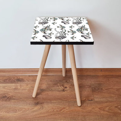 Modern Side Table with Beech Wood Legs, 13.8 x 16.5 x 13.8 inches | 100% MDF, Thickness: 0.7 inches | Stylish White, Black & Blue Design | Perfect for Living Room, Bedroom & Contemporary Décor