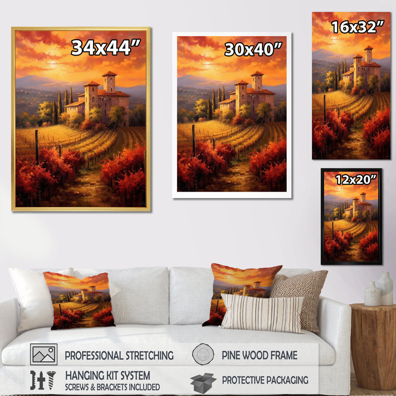 «Beautiful Sunset Castle In Italian Vineyard I», reproduction sur toile, Cadre photo argenté, H 20 po x l 12 po x P 1 po