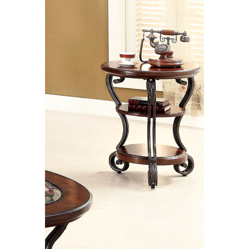 Table d'appoint en cerisier brun Avrah, conception ornée, 2 tablettes inférieures, 22 x 22 x 26,5, pour table de salon avec pieds en métal, longueur ouverte de 22 po x largeur de 26,5 po, bois massif