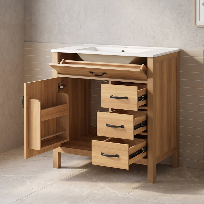Meuble-lavabo de salle de bain avec lavabo en céramique, 4 tiroirs et support de rangement à double couche