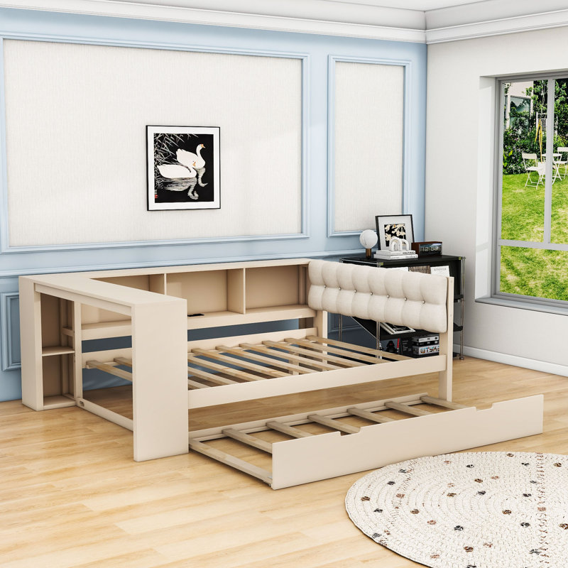 Lit de jour avec couchette, tablettes de rangement et station de charge USB intégrée, Complet/Double, Crème