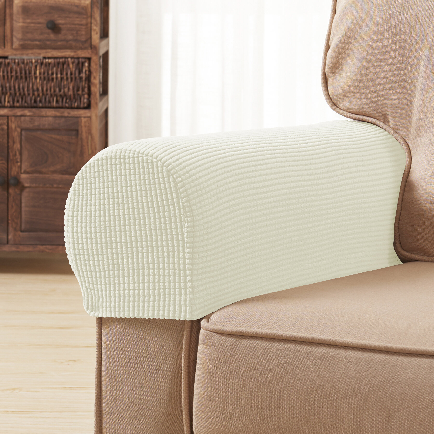 Ashurst Super Soft Stretchy Texured Grid Box Cushion Armrest Slipcover (Set of 2) Symple Stuff Fabric: Ivory