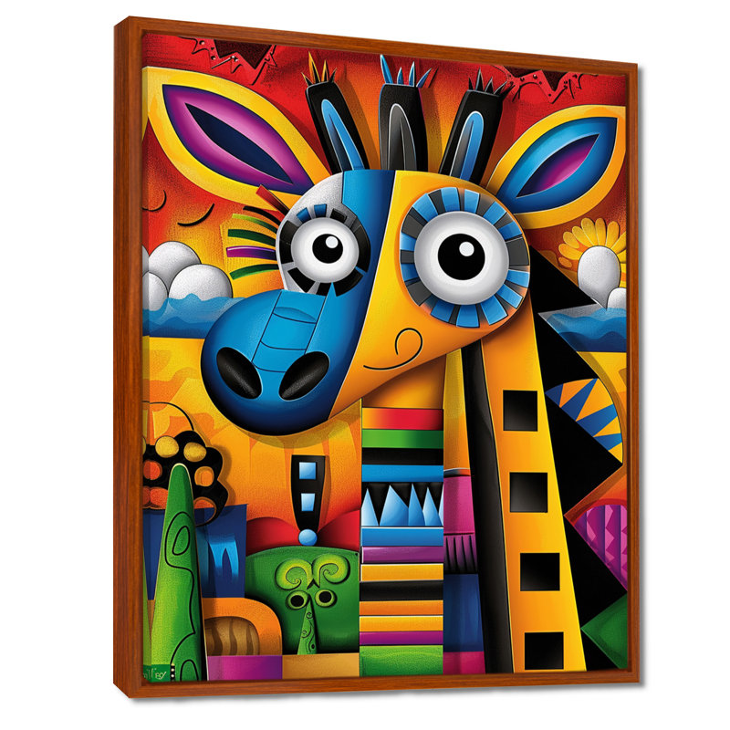 Goofy girafe colorée rétro abstraite - art mural animal girafe salon, Cadre flottant brun, H 32 po x l 16 po x P 1 po