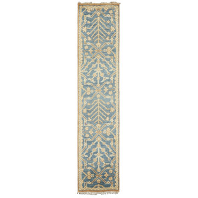 Hand Knotted Wool Oushak Transitional Oriental Area Rug Aqua Beige