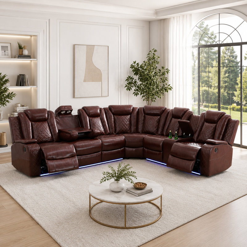 3 - Piece Vegan Leather Power Reclining Sectional Sofa Set with LED Lights and Wireless Charging Station, Brown Faux Leather