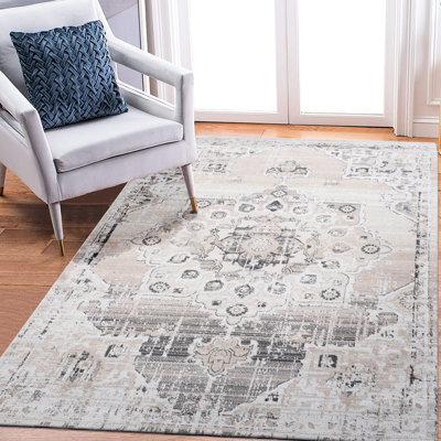 Tapis tissé et tissé 6 x 9, motif de médaillon crème / beige, ne perd pas ses poils, tache, idéal pour le salon, la chambre à coucher, le tapis de bureau de salle à manger avec médaillon, convient parfaitement aux repas,