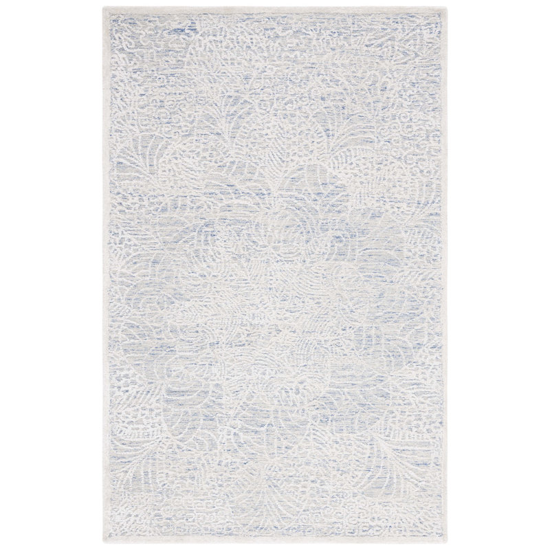 Blue and Ivory Tufted Wool Geometric Area Rug 5' x 8'