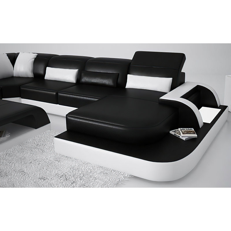 Canapé modulaire en cuir Jysir, Cuir véritable noir / blanc, Orienté à droite