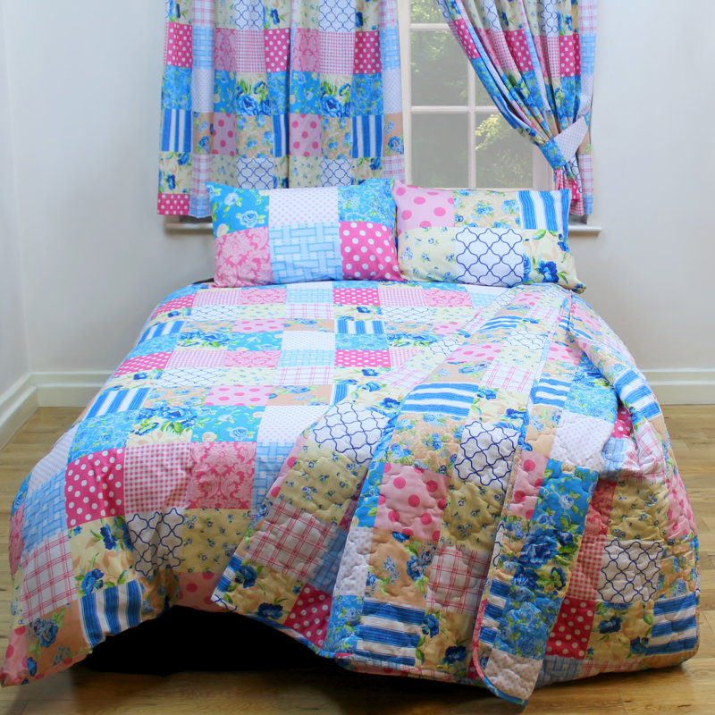 PATCHWORK Algimantas Pencil Pleat Curtains, Blue/Pink, 168 W x 182 D cm