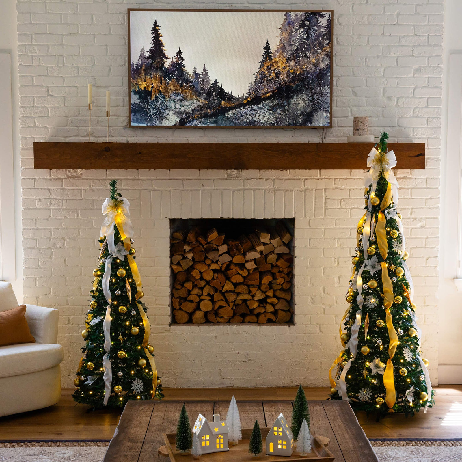 Gold 6' Pre-Lit Pine Christmas Tree, 6" H x 27" W x 24" D