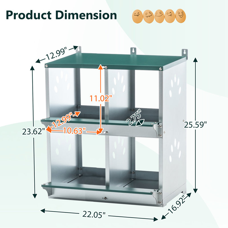 4 boîtes de nidification de poulet en métal à 4 compartiments, couleur, 25,31 pouces de hauteur, facile à nettoyer et à entretenir en acier galvanisé, 16,78 de large, abri confortable pour la volée