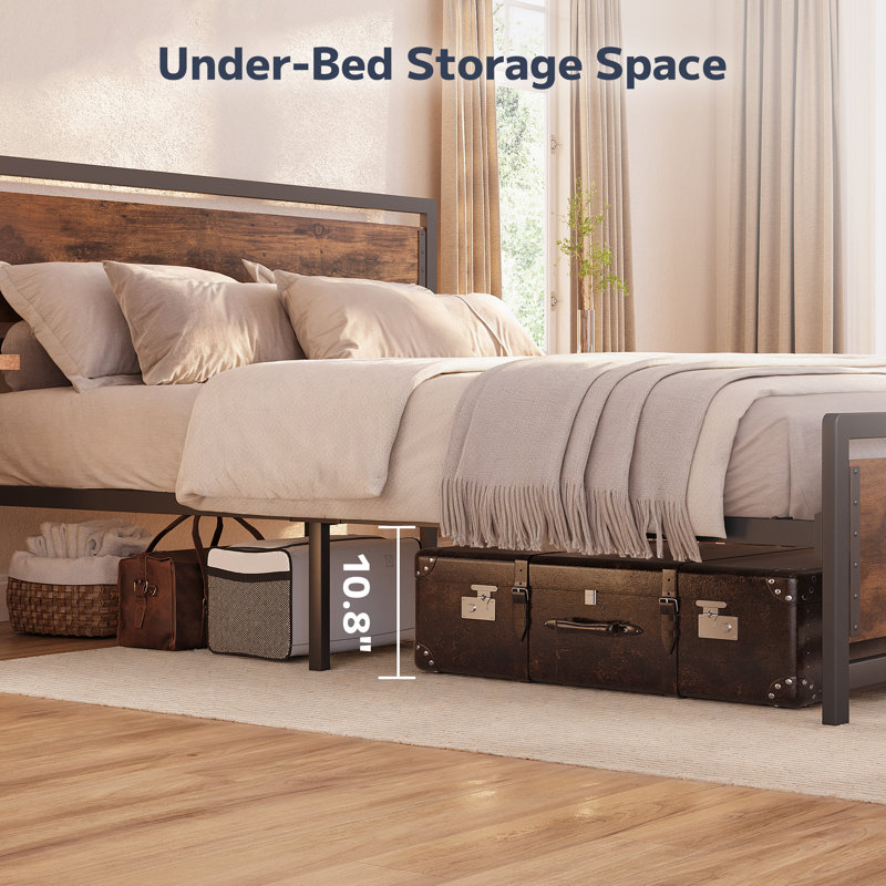 Metal Frame Platform Bed with Wood Headboard and Footboard, Brown