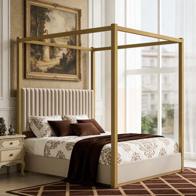 Canopy Platform Bed with Upholstered Headboard and Sturdy Metal Frame