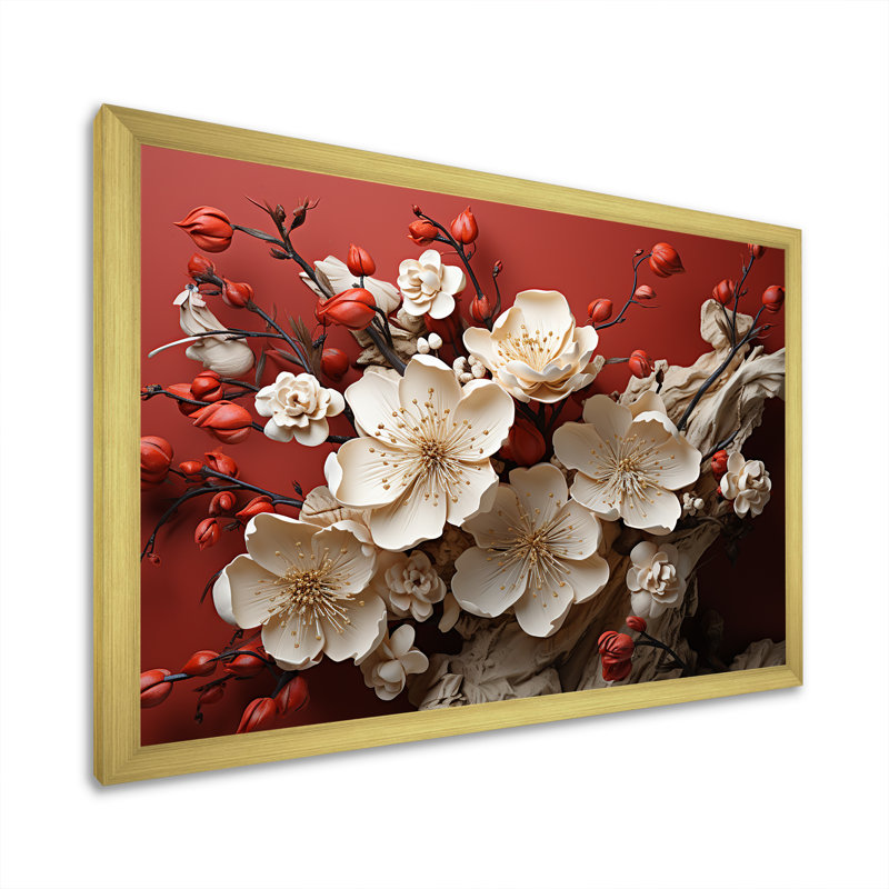 Orchidée blanche et rouge, branches de fleur V - art mural floral abstrait, H 12 po x l 20 po x P 1 po