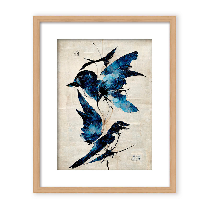 Nature Inspired Blue Birds, 30" H x 24" W x 1.125" D, Framed Matted Print, White