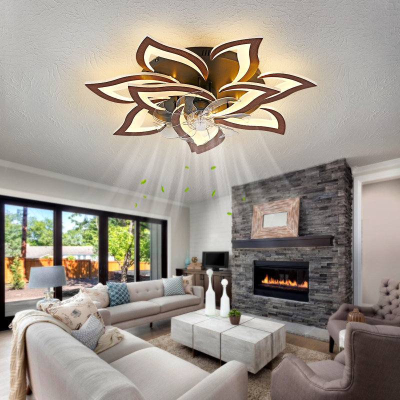 Ceiling Fan With Lights Remote Control, Wooden Geometric Color 6 Speeds Low Profile Flush Mount Ceiling Fan With Light For Kitchen Bedroom Living Room