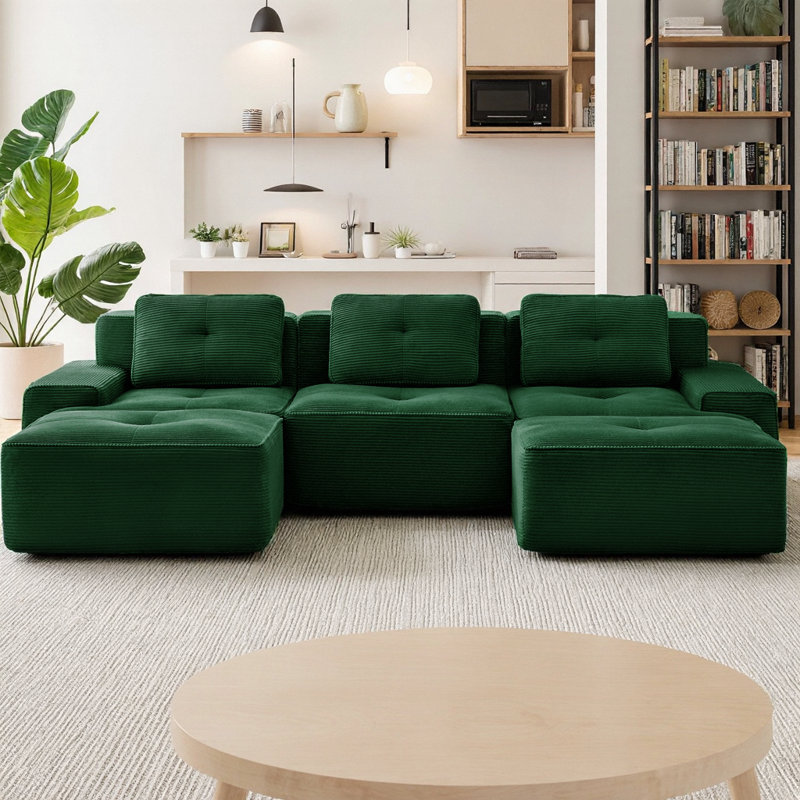 117" U-Shaped Modular Sectional Sofa with Ottoman, 3-Seater Corduroy Couch with Pearl Piping & Tufted Design, Deep Seating Cloud Sofa, No Assembly Required & Anti-Slip Base