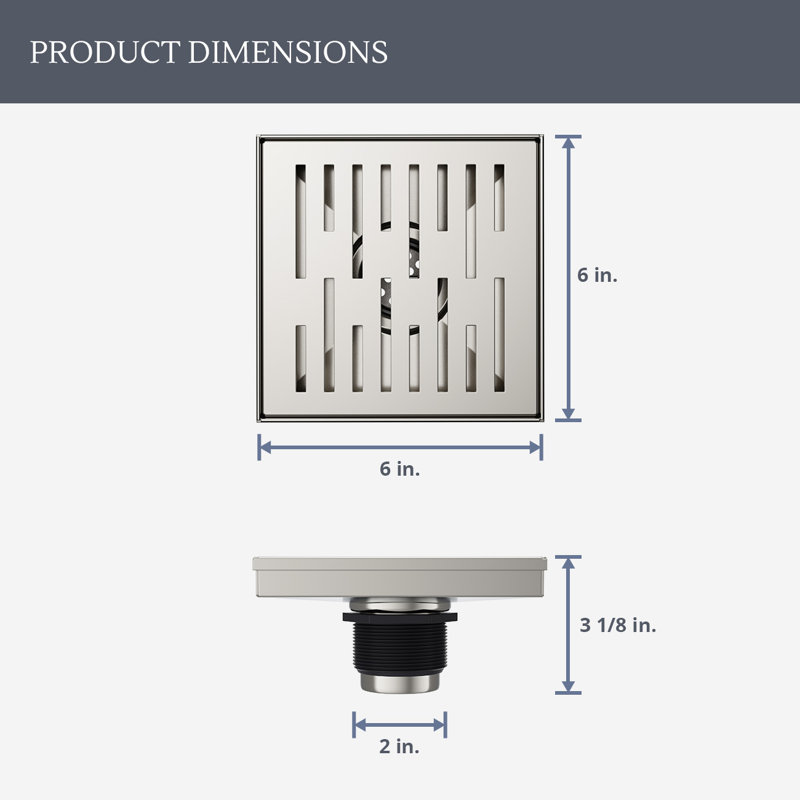 Drain de douche à grille carrée 6 po Dreamline Charisma, laiton brossé, Laiton brossé