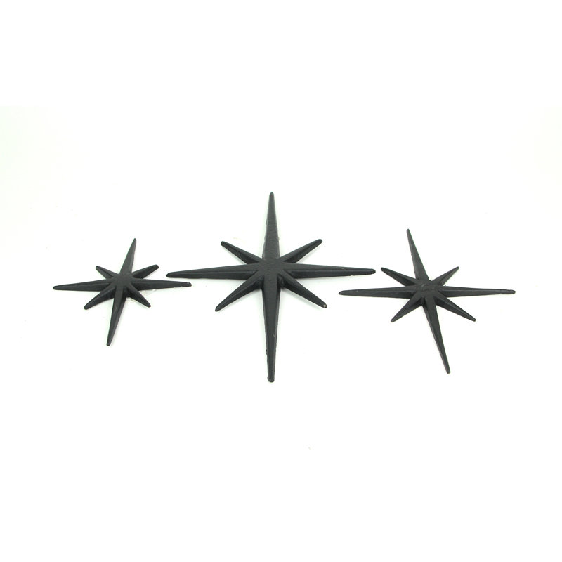 Mid-Century Modern Matte Black Cast Iron 8-Point Compass Star Wall Hangings, Set of 3 — 8.75x0.25x12, 7x0.25x8.75, 5.75x0.25x6.75 In