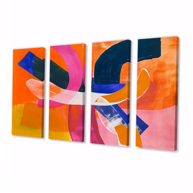 «Funky Fusion Retro Orange Blue» - ensemble d'art mural abstrait 4 pièces, H 32 po x l 64 po