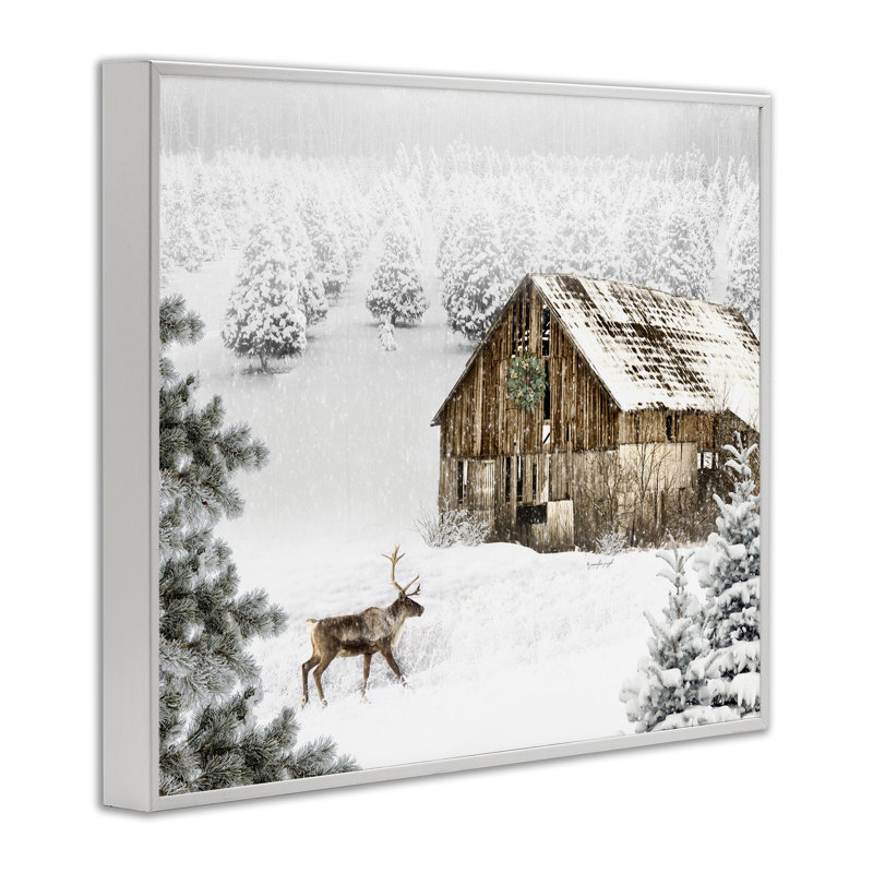 Winter White Cabin avec cerf, estampe numérique, design par Jennifer Pugh, H 16 po x l 20 po