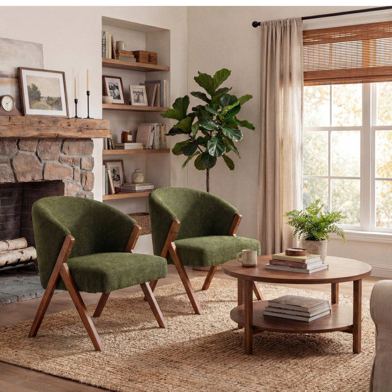 Modern Upholstered Lounge Chair with Solid Wood Frame, Green