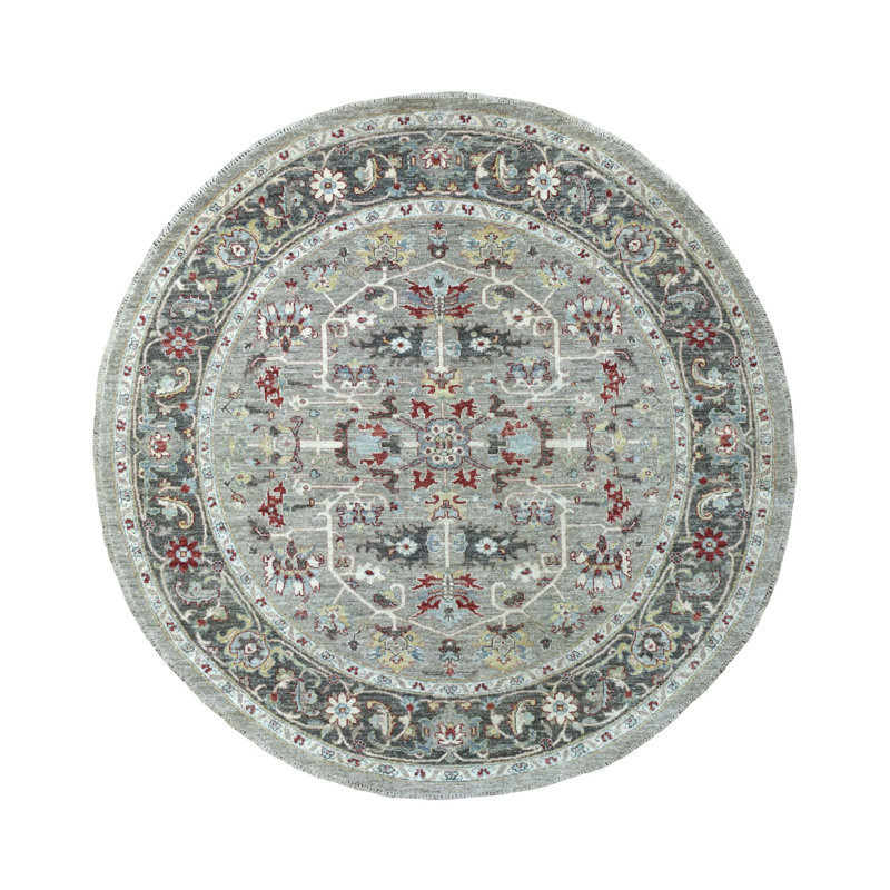 Tapis oriental rond en laine noué à la main 5 pi 9 po x 5 pi 9 po Peshawar gris avec motif Heriz 16456C7C7BBE4902904D848B74D59981