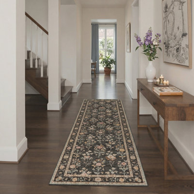 Tapis floral noir / brun clair lavable à la machine avec envers antidérapant