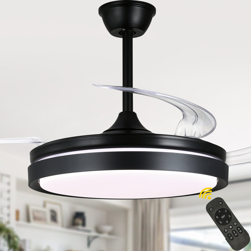 Ventilateur de plafond moderne Aadvik 42 po noir avec éclairage et télécommande, moteur CC réversible à 6 vitesses, ventilateur rétractable pour chambres à coucher