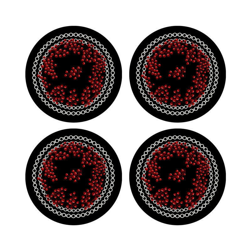 Christmas Berries Red White Vegan Leather Round Coasters, Red Black