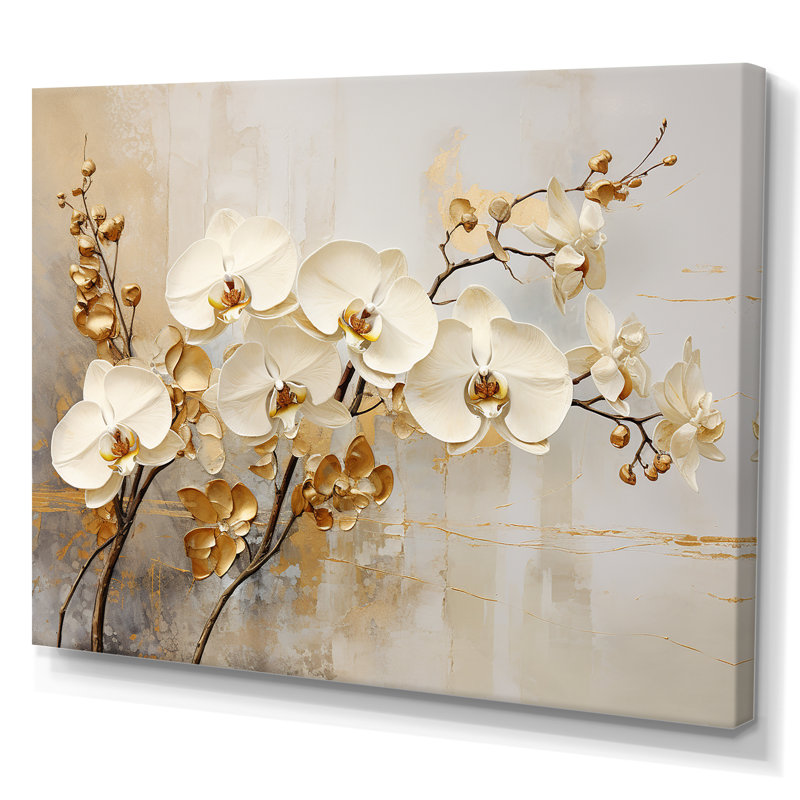 Minimalisme beige et orchidées dorées - impressions sur toile orchidées, H 24 po x l 32 po, Toile tendue, Sans cadre