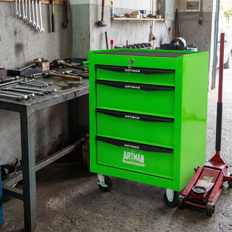 Armoire à outils 20 pouces à 4 tiroirs, boîte à outils roulante en métal avec 4 tiroirs, rangement en acier pour boîte à outils - vert