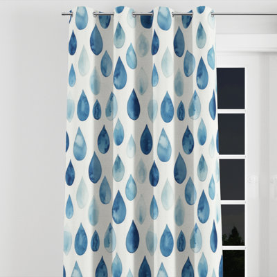 Paisley Blackout Curtains - Boho Blue And Beige Teardrops Grommet Curtain - 1 Panel