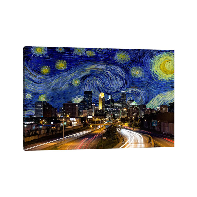 Minneapolis, Minnesota, nuit étoilée, impression d'art graphique, Toile tendue, Aucun mat, H 18 po x l 26 po x P 1,5 po