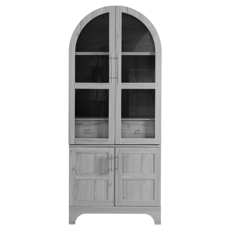 71" Tall Arched Display Cabinet With Glass Doors, Gray
