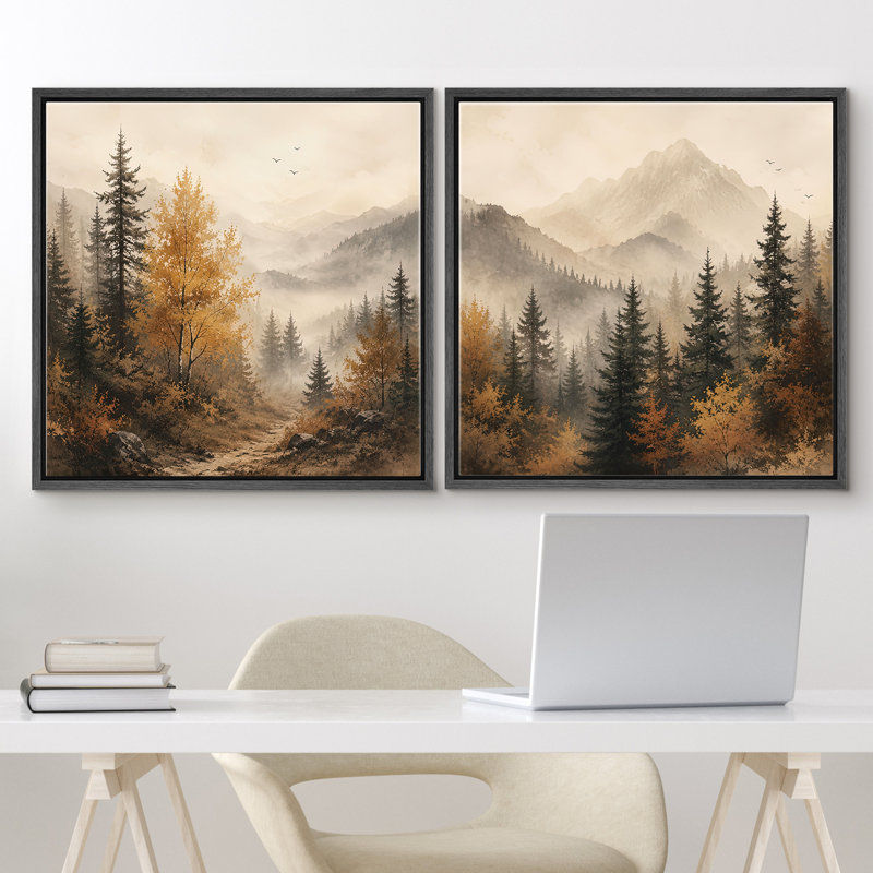Misty Mountain Pine Forest with Warm Autumn Trees and Rustic Nature, ensemble de 2 reproductions d'art encadrées, Cadre noir