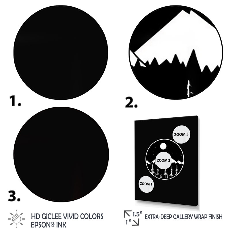Minimal Full Moon Mountain en noir et blanc sur toile, H 32 po x l 24 po x P 1 po, Cadre flottant doré