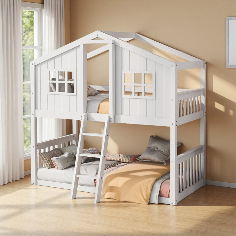 Twin Over Twin House Bunk Bed With Ladder, White