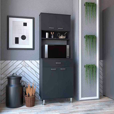 Armoire garde-manger H 67 po, quatre portes, un tiroir, trois tablettes internes, 2 tablettes de rangement externes, option de rangement pour micro-ondes, quatre pieds, noir